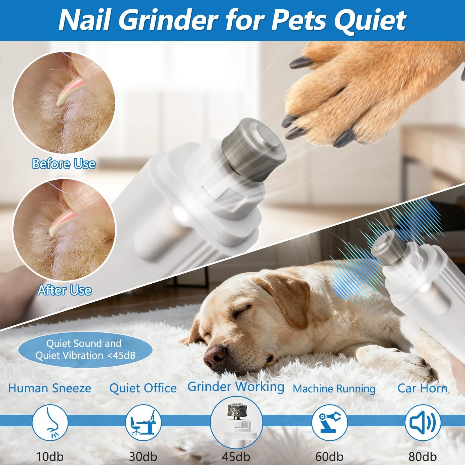 LED Pet Nail Clipper Grinder 2-in-1 Safe Trim Quiet Small Dogs Cat Home Grooming