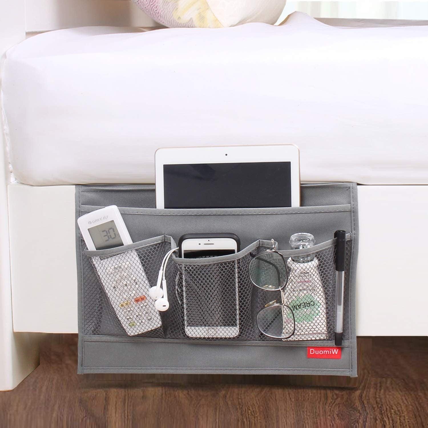 Bedside Storage Organizer Caddy for Bed Sofa Remote Phone Tablet Magazines Gray
