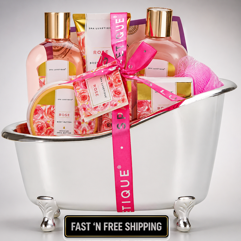 Rose Spa Gift Set for Women Bath Basket Self Care Kit Relaxation Home Spa