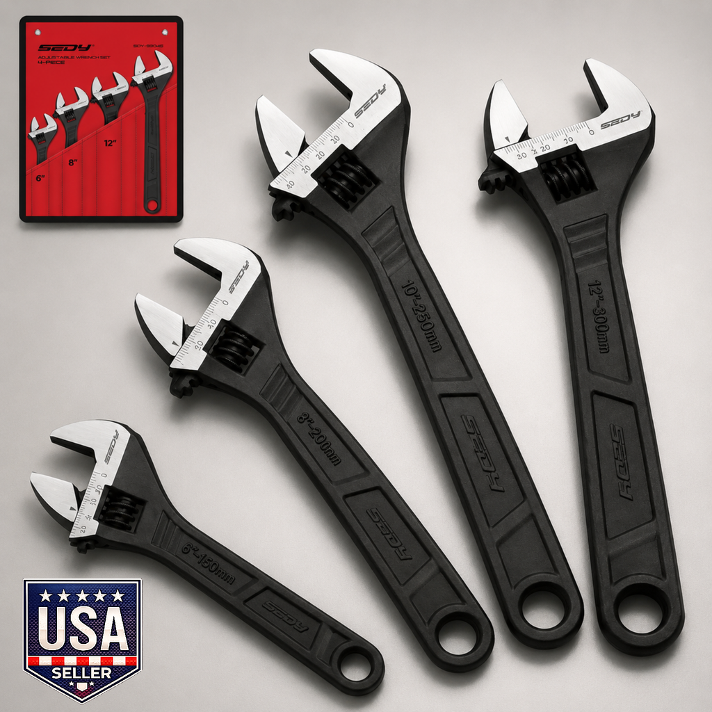 SEDY 4-Pc Adjustable Wrench Set 6", 8", 10", 12" CR-V Steel SAE/Metric Scale
