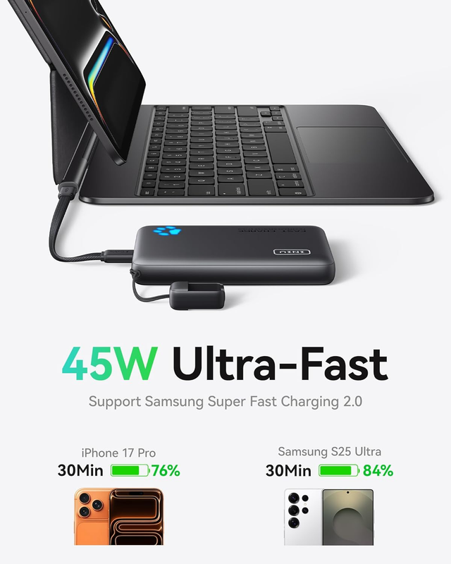 INIU Portable Charger, Ultra Slim 45W Fast Charging with Attached USB C Cable,