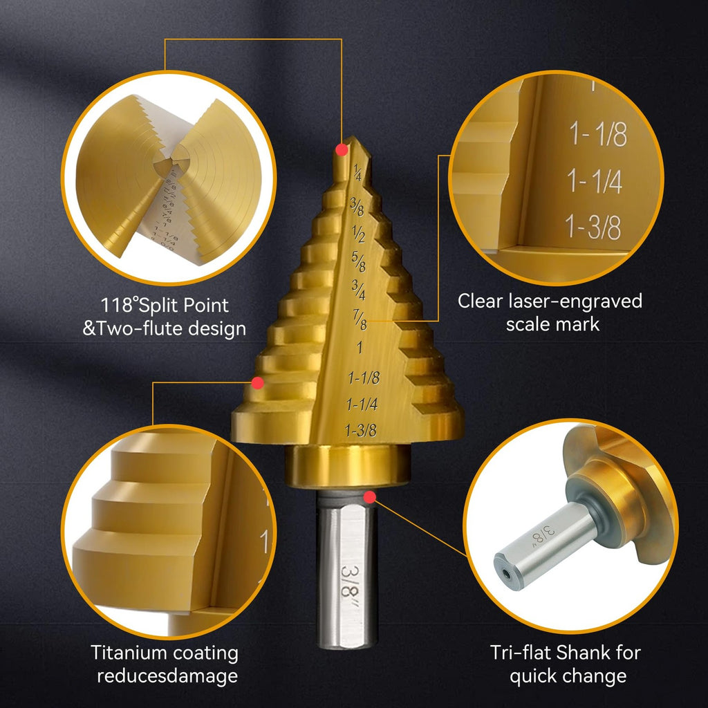 Step Drill Bit Set for Metal- 5PCS Titanium 4241 HSS Step Bit with Two Straight