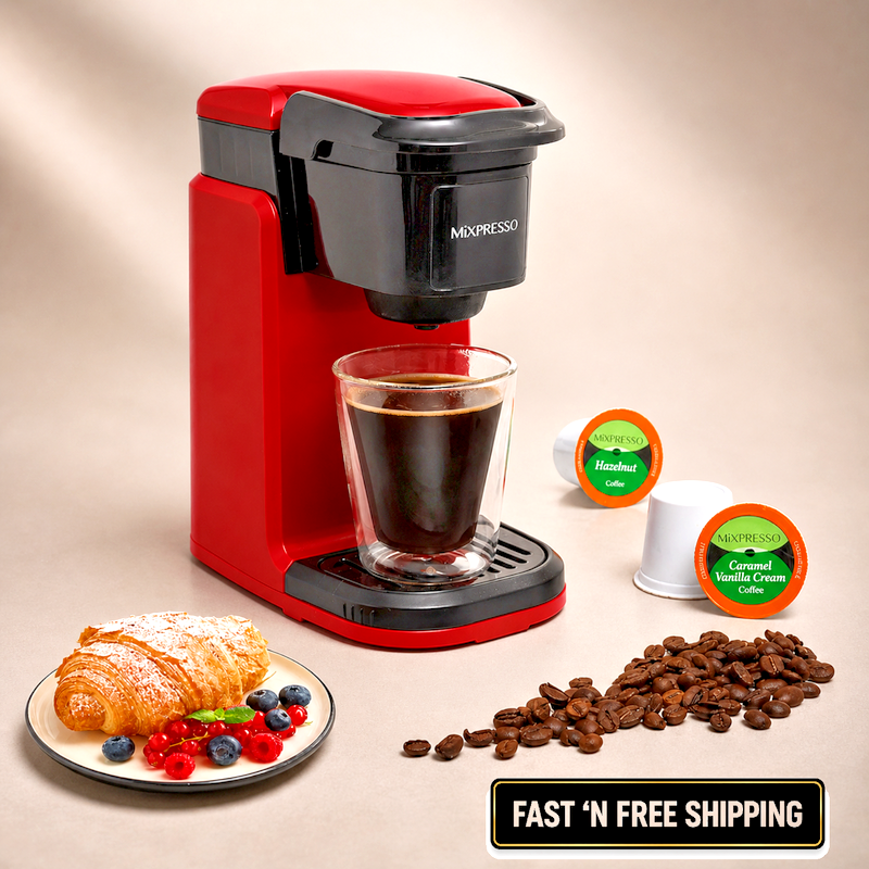 Mixpresso Single Serve Coffee Maker K-Cup & Grounds Compact 12oz Red