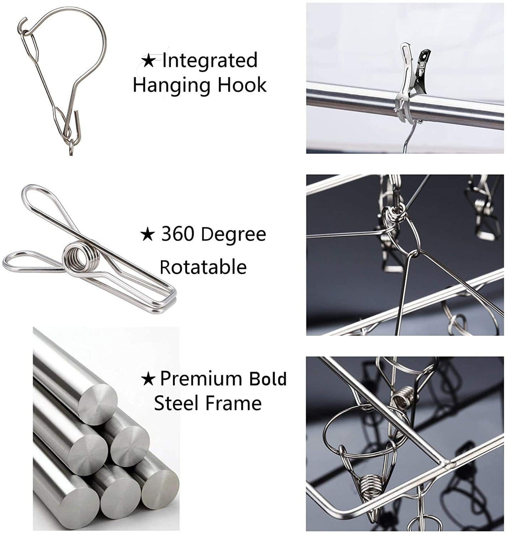 Stainless Steel Sock Drying Rack with 36 Clips, Swivel Hook Wind-Proof - Hanger