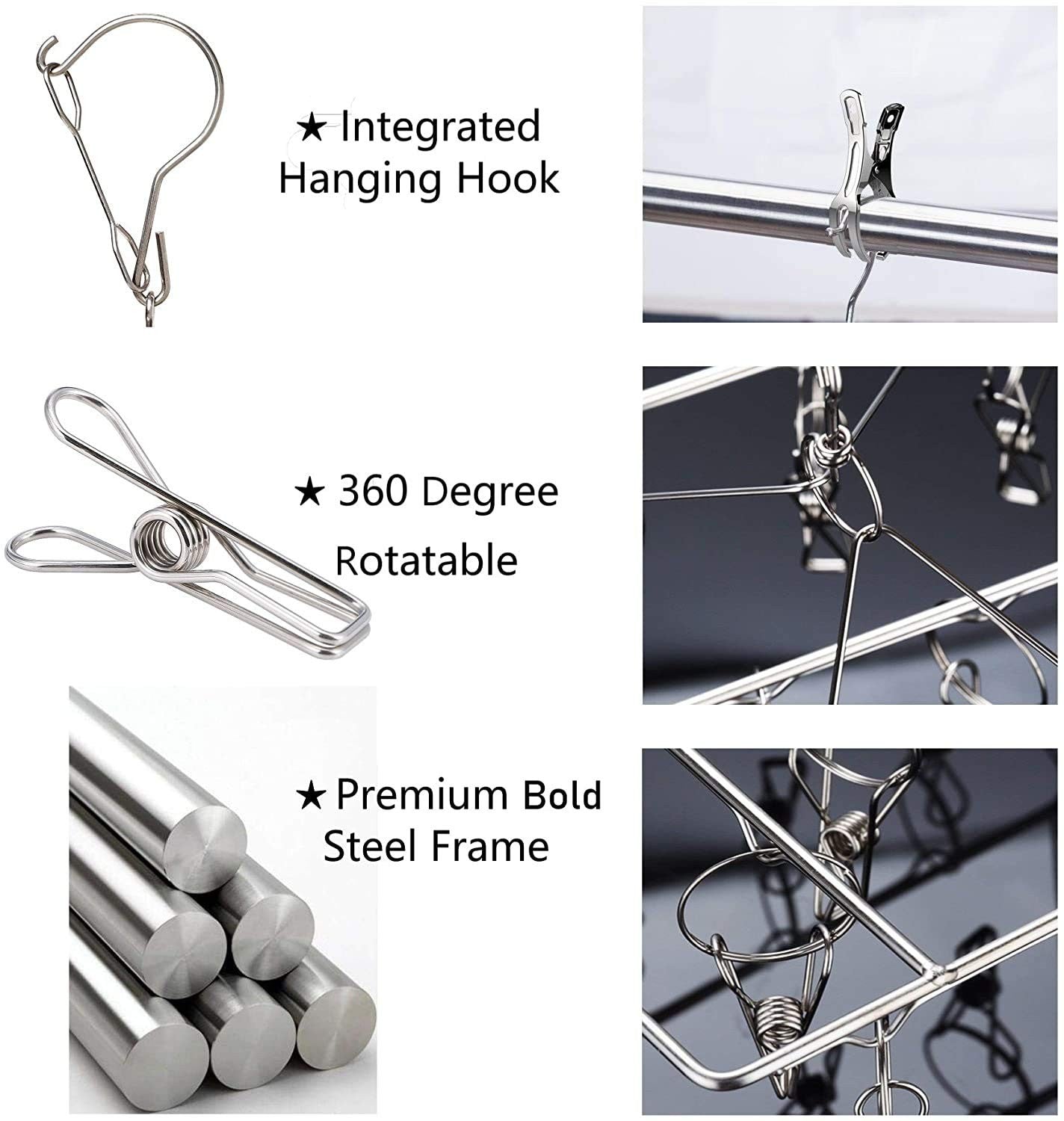 Stainless Steel Sock Drying Rack with 36 Clips, Swivel Hook Wind-Proof - Hanger