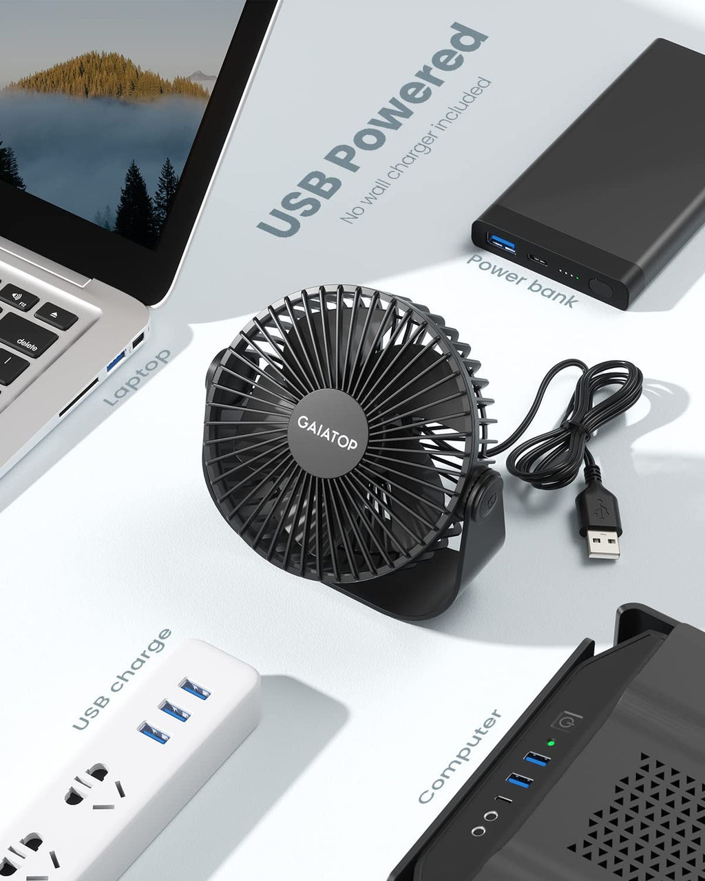Gaiatop USB Desk Fan 3-Speed Quiet Cooling Portable Table Fan for Home Office