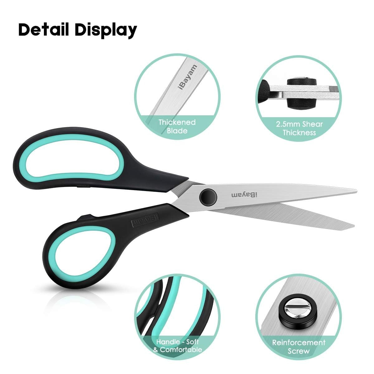 iBayam 3-Pack 8" Heavy Duty Scissors 2.5mm Sharp Blades Comfort Grip