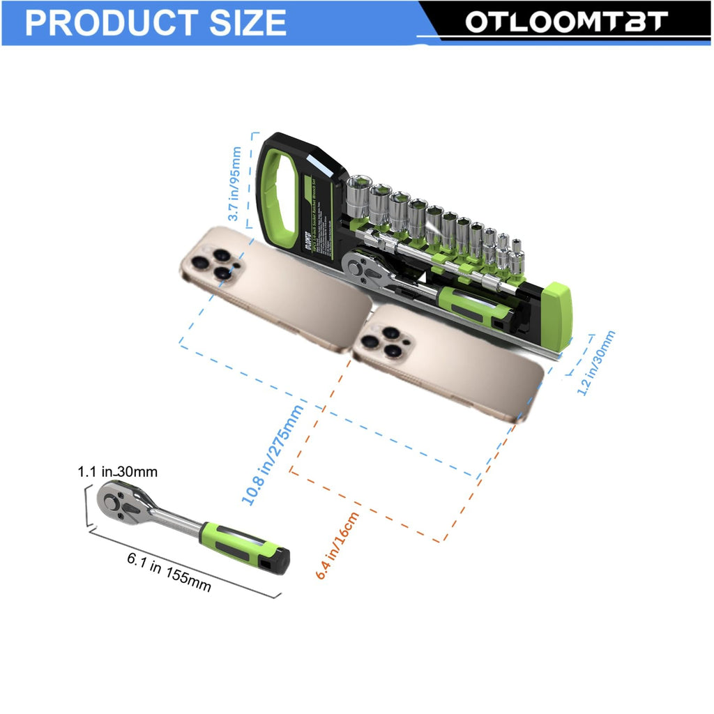 OTLOOMTBT 15pcs 1/4 Inch Drive Ratchet Socket Wrench Set, with Metric 4-14mm