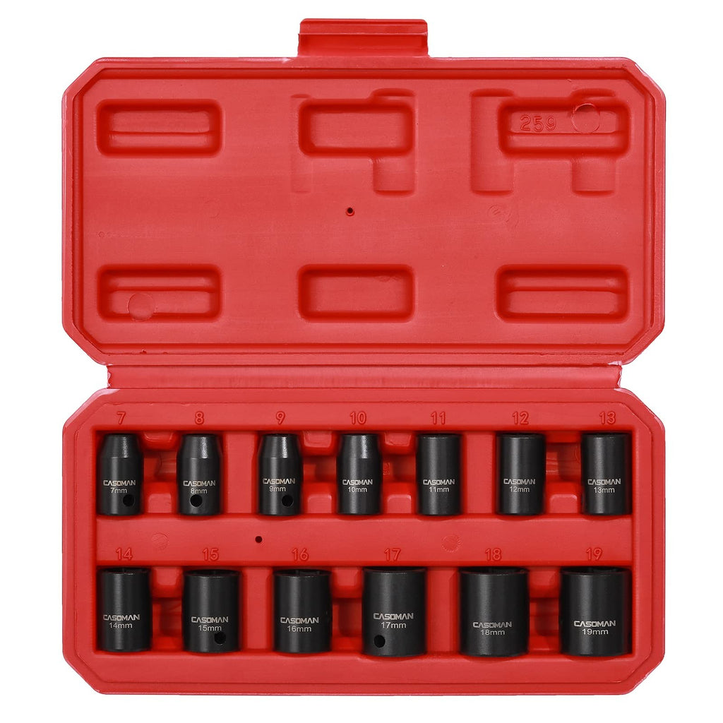 CASOMAN 13 Pieces 3/8-Inch Drive Impact Socket Set  6-Point, Metric, Shallow,