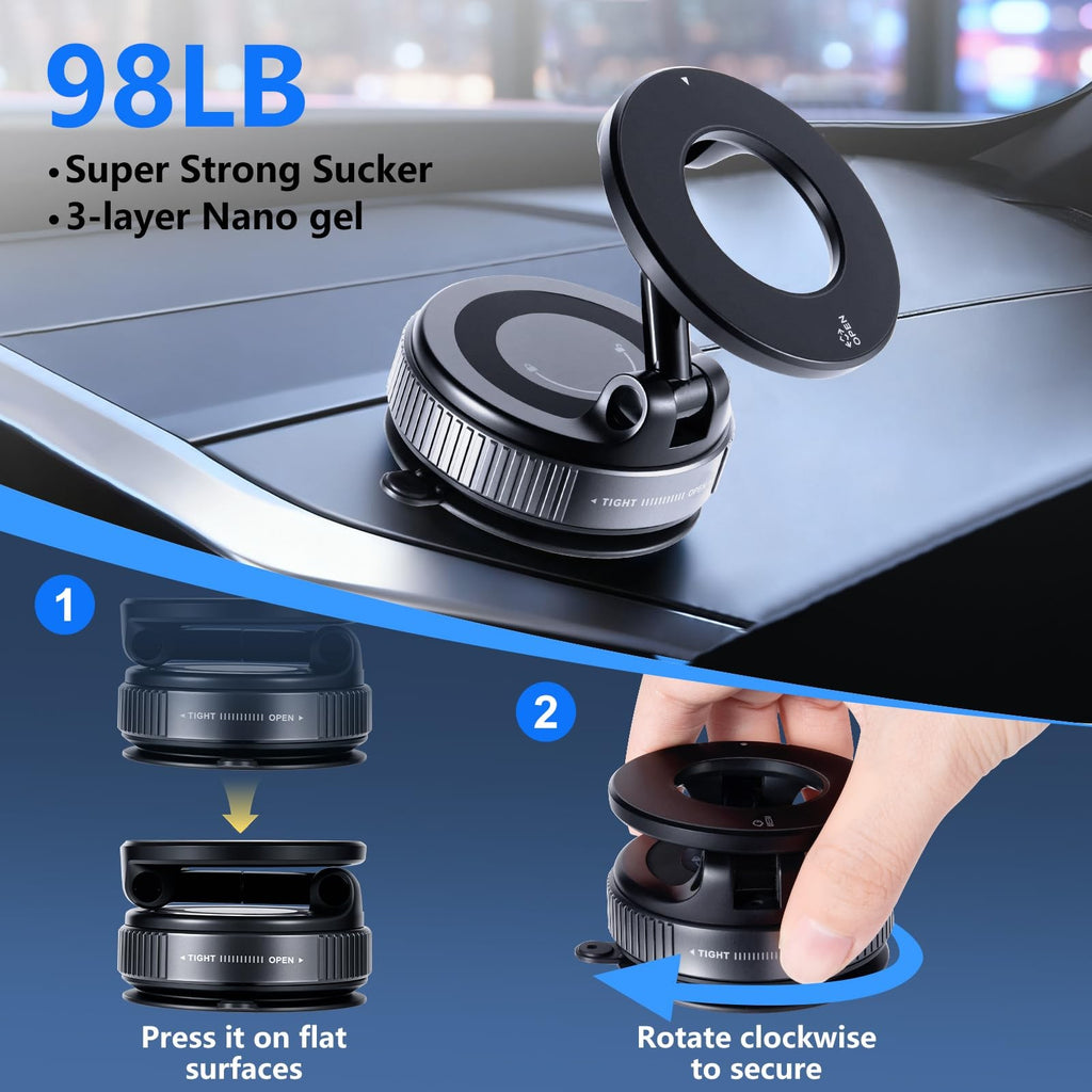 Magnetic Car Phone Mount Vacuum Suction 360 Rotation , Dashboard - Windshield
