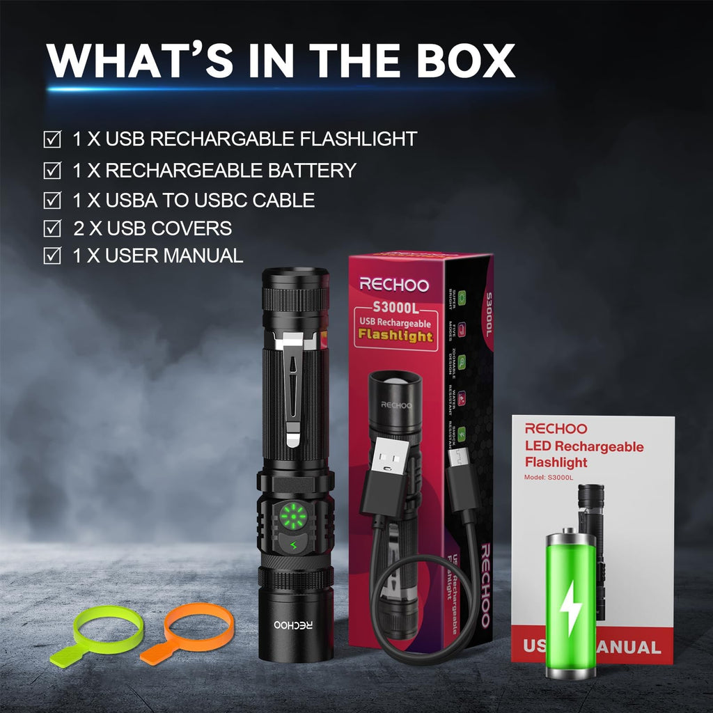 RECHOO Rechargeable LED Flashlight 1000 Lumens 5 Modes Zoom Camping Light
