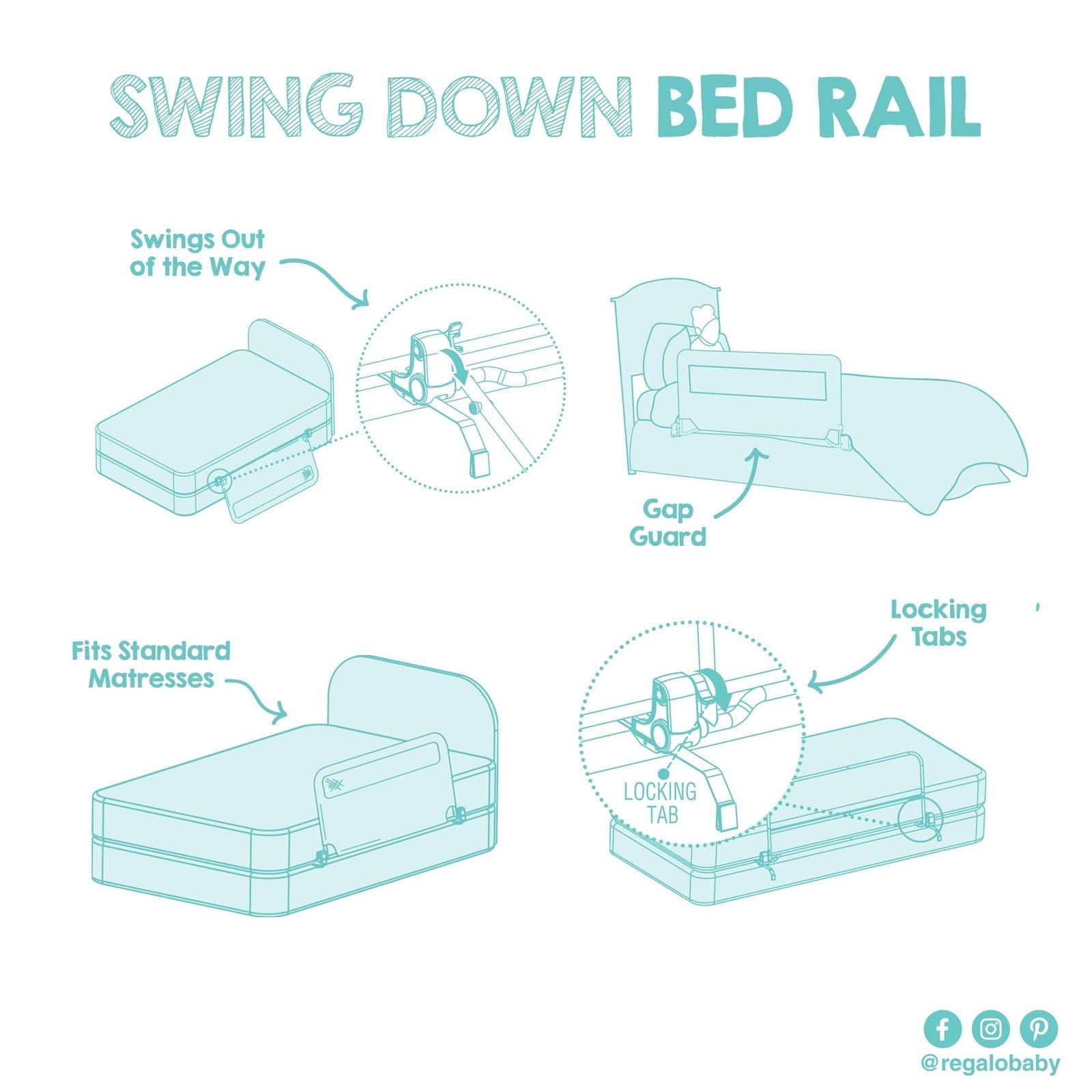 Regalo Toddler Bed Rail Guard 43" Swing Down Safety Rail Twin Full Queen