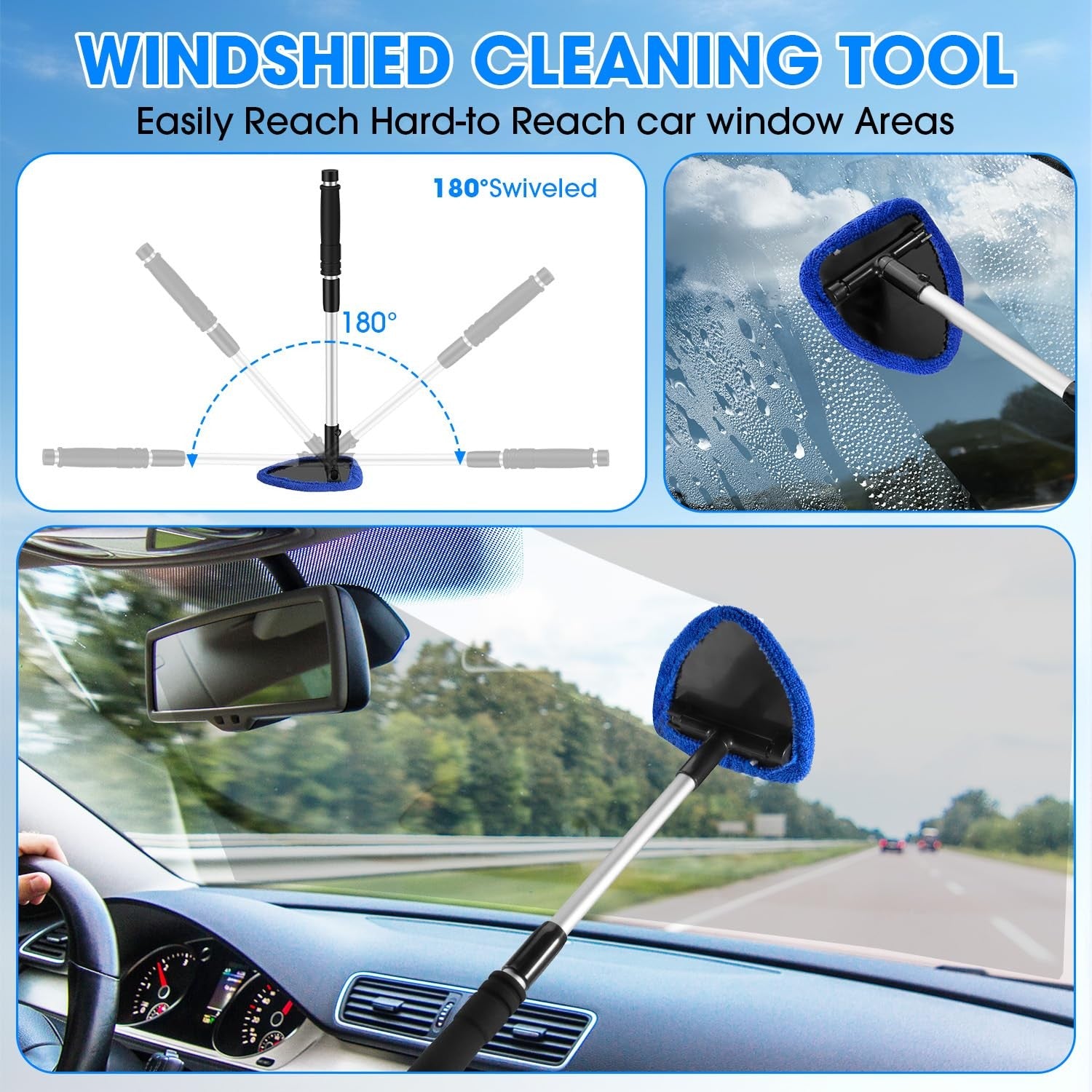 Car Windshield Cleaner Tool Kit Extendable Handle 3 Pads Auto Glass Cleaner