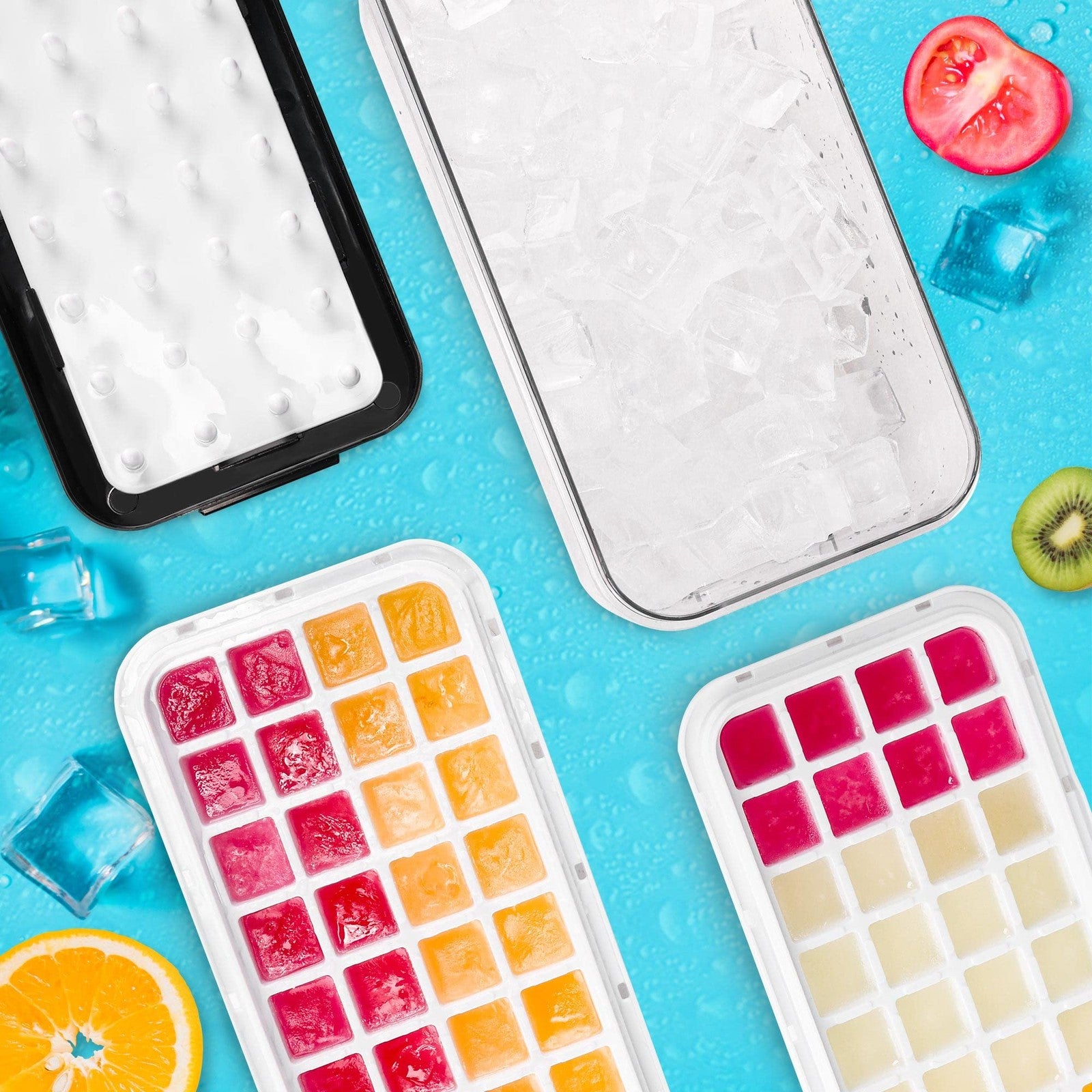 Ice Trays for Freezer with Lid & Bin, Ice Cube Tray Making 64 pcs Ice Cubes.