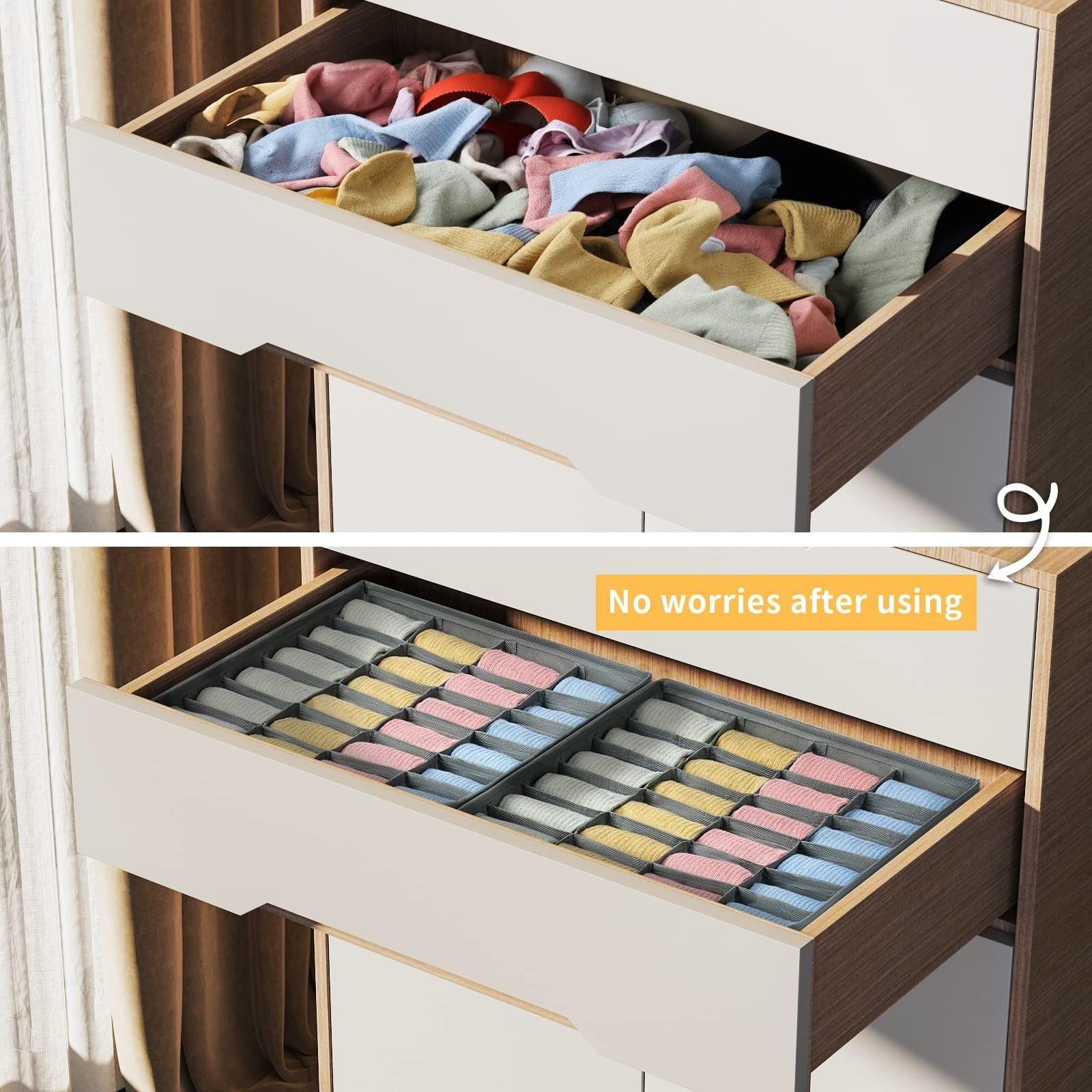 2 Pack Sock Drawer Organizer 24 Cells Each Underwear Closet Divider Gray