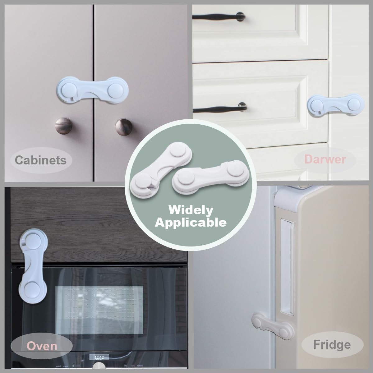 4 Pack Baby Proof Cabinet Door Locks White Adhesive Child Safety Latches 3.93"