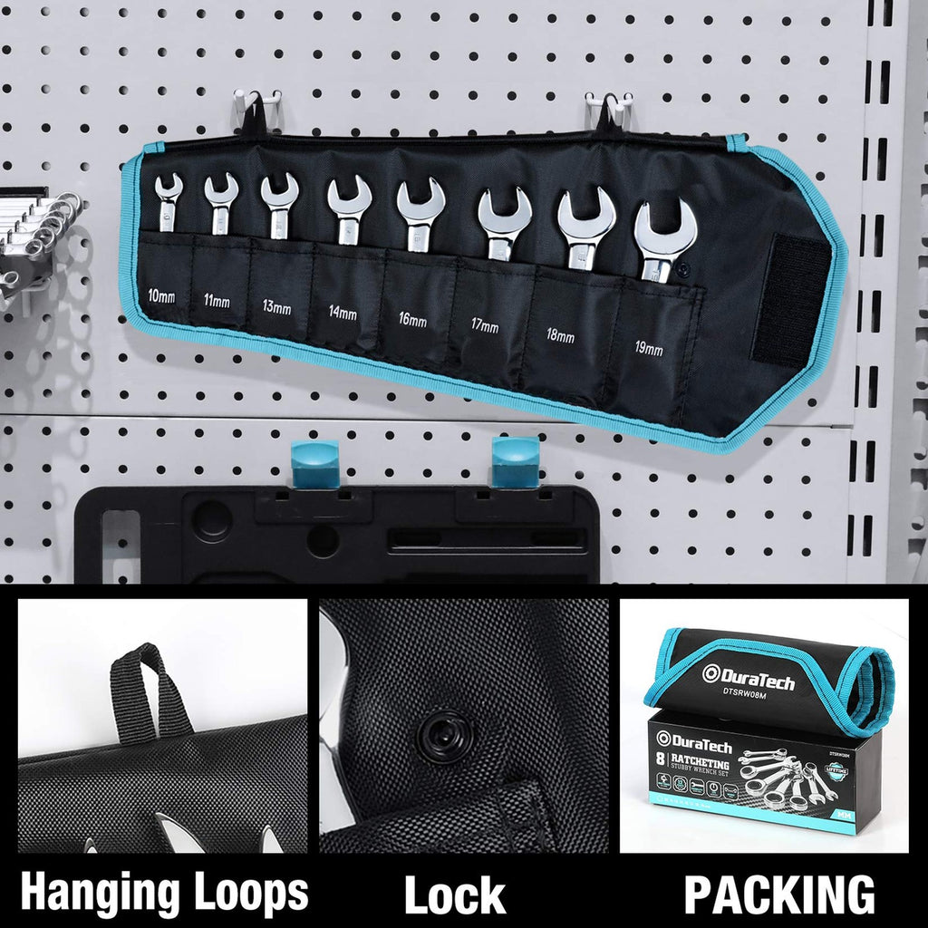 DURATECH 8-Pc Metric Stubby Ratcheting Wrench Set 10-19mm CR-V w/ Roll Pouch