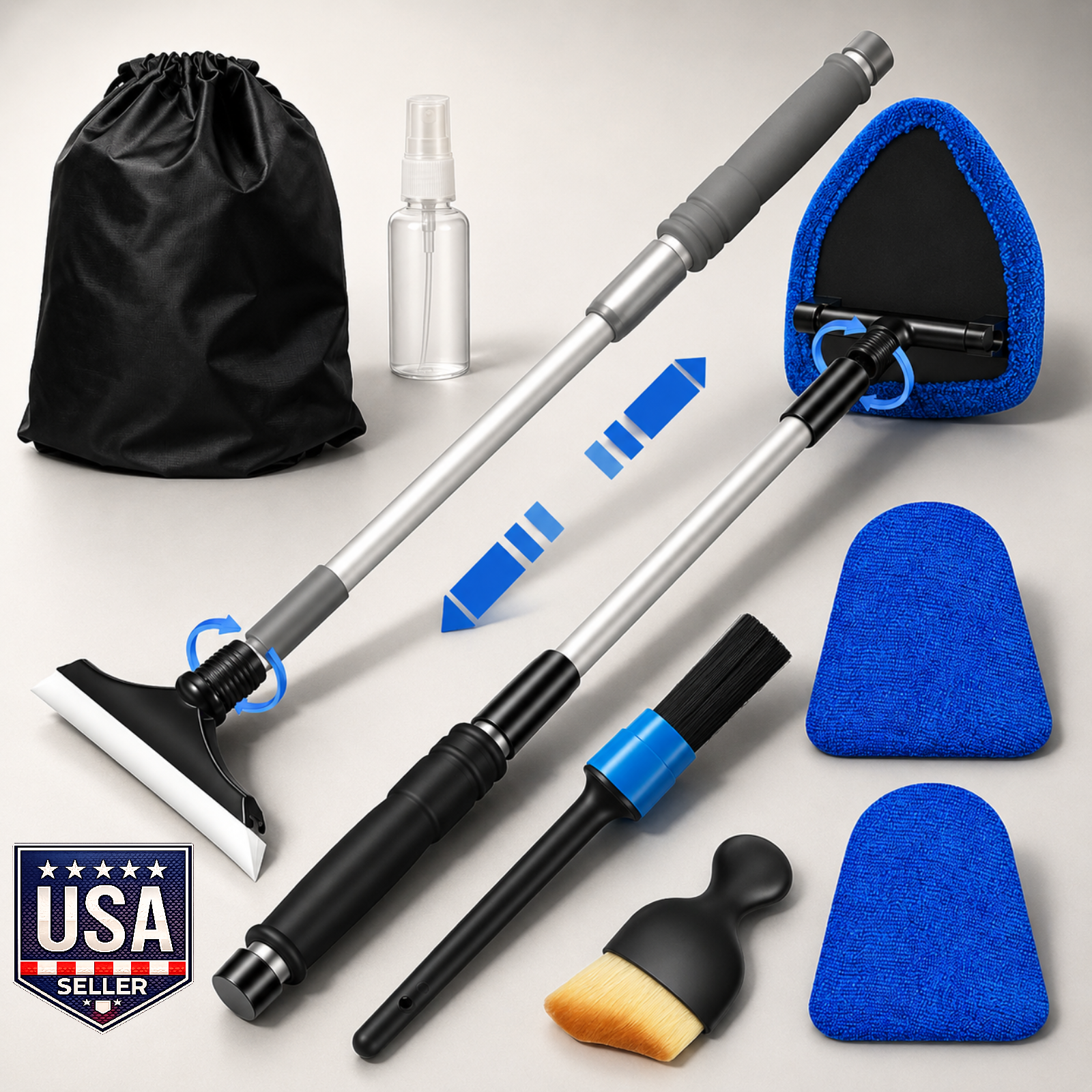 Car Windshield Cleaner Tool Kit Extendable Handle 3 Pads Auto Glass Cleaner
