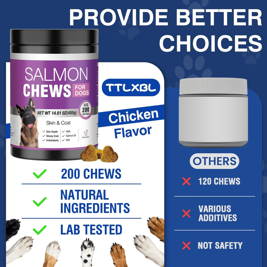 Omega 3 Dog Skin & Coat Chews 200ct Fish Oil Supplement Itch Shedding Relief