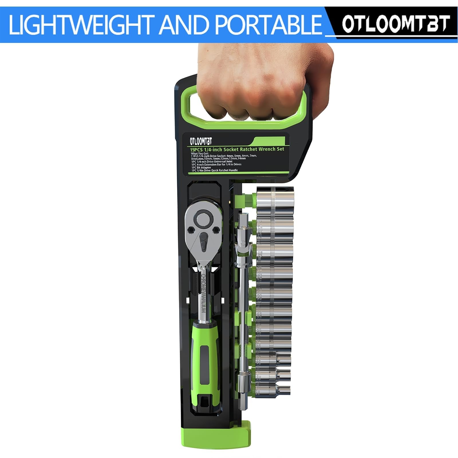 OTLOOMTBT 15pcs 1/4 Inch Drive Ratchet Socket Wrench Set, with Metric 4-14mm