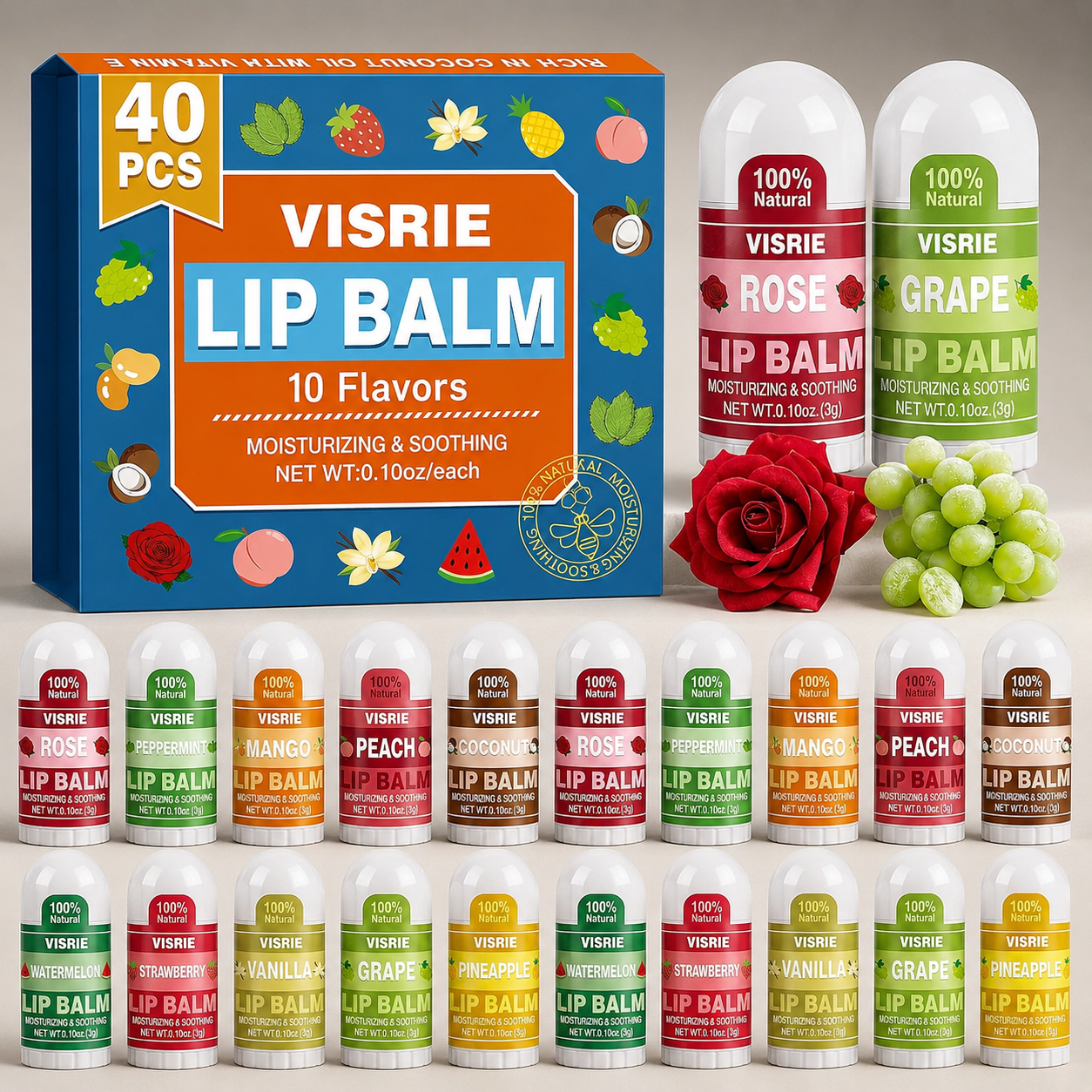 VISRIE 40 Pack Mini Lip Balm Bulk Set Moisturizing Vitamin E Beeswax Party Favor