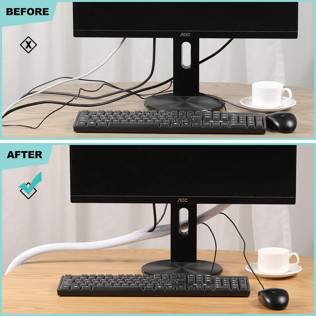 AGPTEK White Cable Sleeve 2 Pack 5ft - 1.2 Inch Cable Management Desk Cord Cover