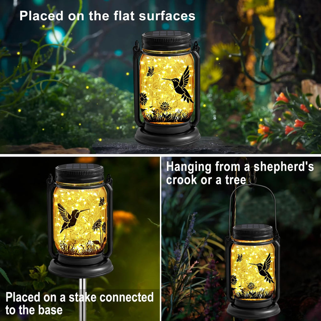 Solar Mason Jar Lantern Waterproof Hummingbird LED Garden Decor Patio Yard