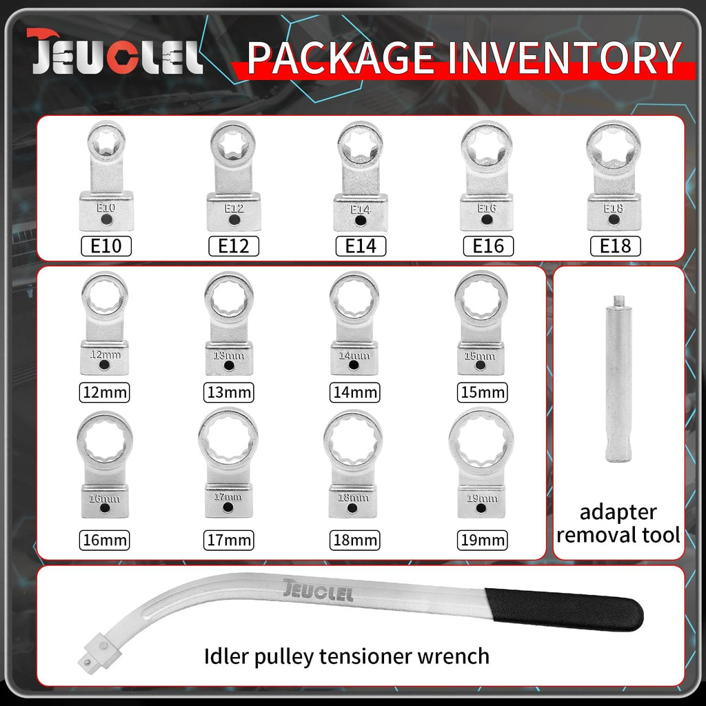 15PCS Serpentine Belt Tensioner Tool Kit 12–19mm Pulley Wrench Set Automotive