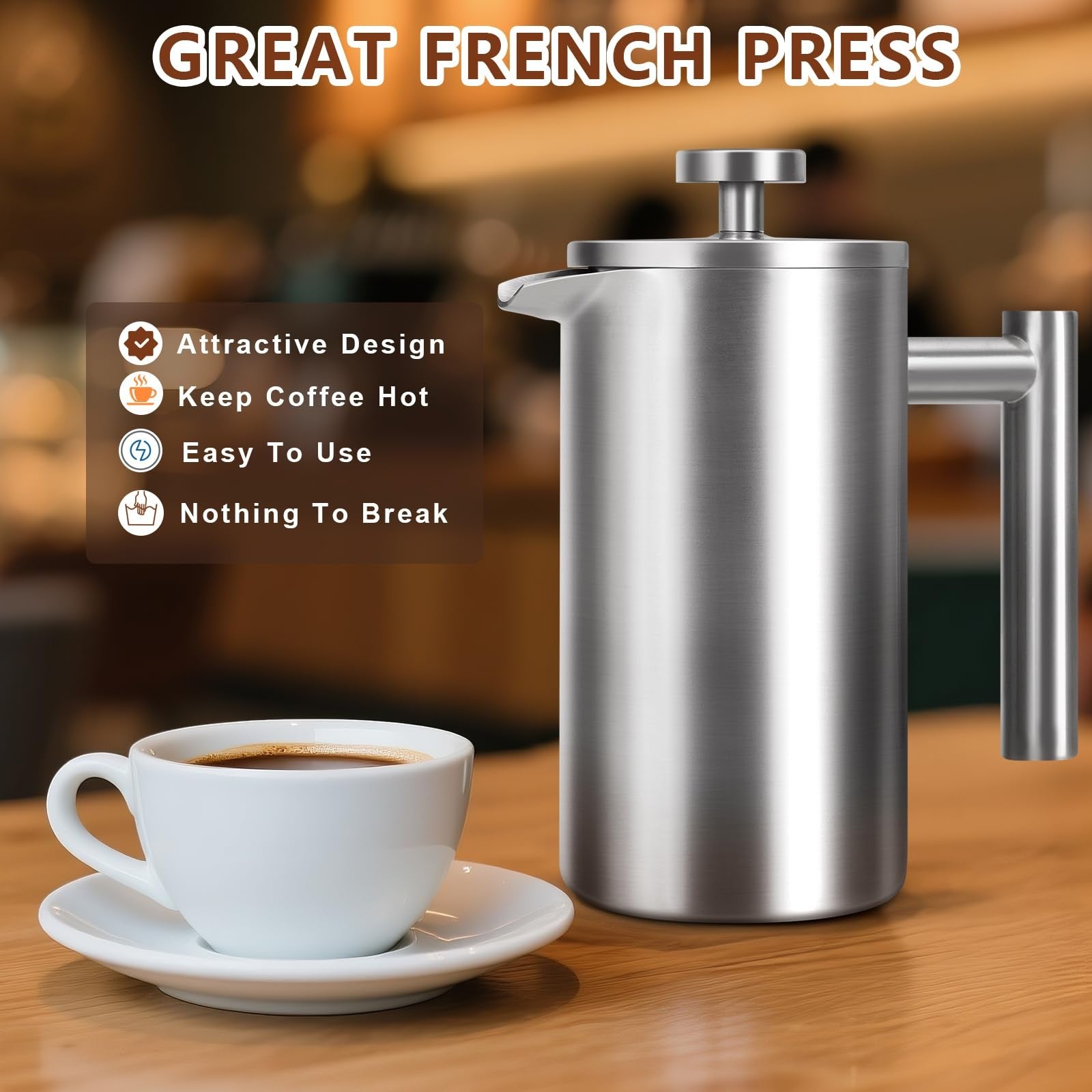 34oz Stainless Steel French Press Double-Wall Insulated 4 Cup Coffee Maker home
