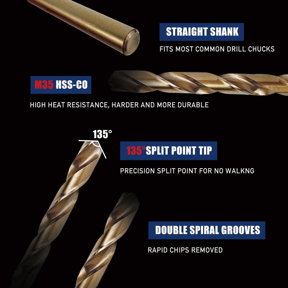 13pcs Cobalt Drill Bits Set, M35 High Speed Steel 135 Degree Tip Twist Jobber