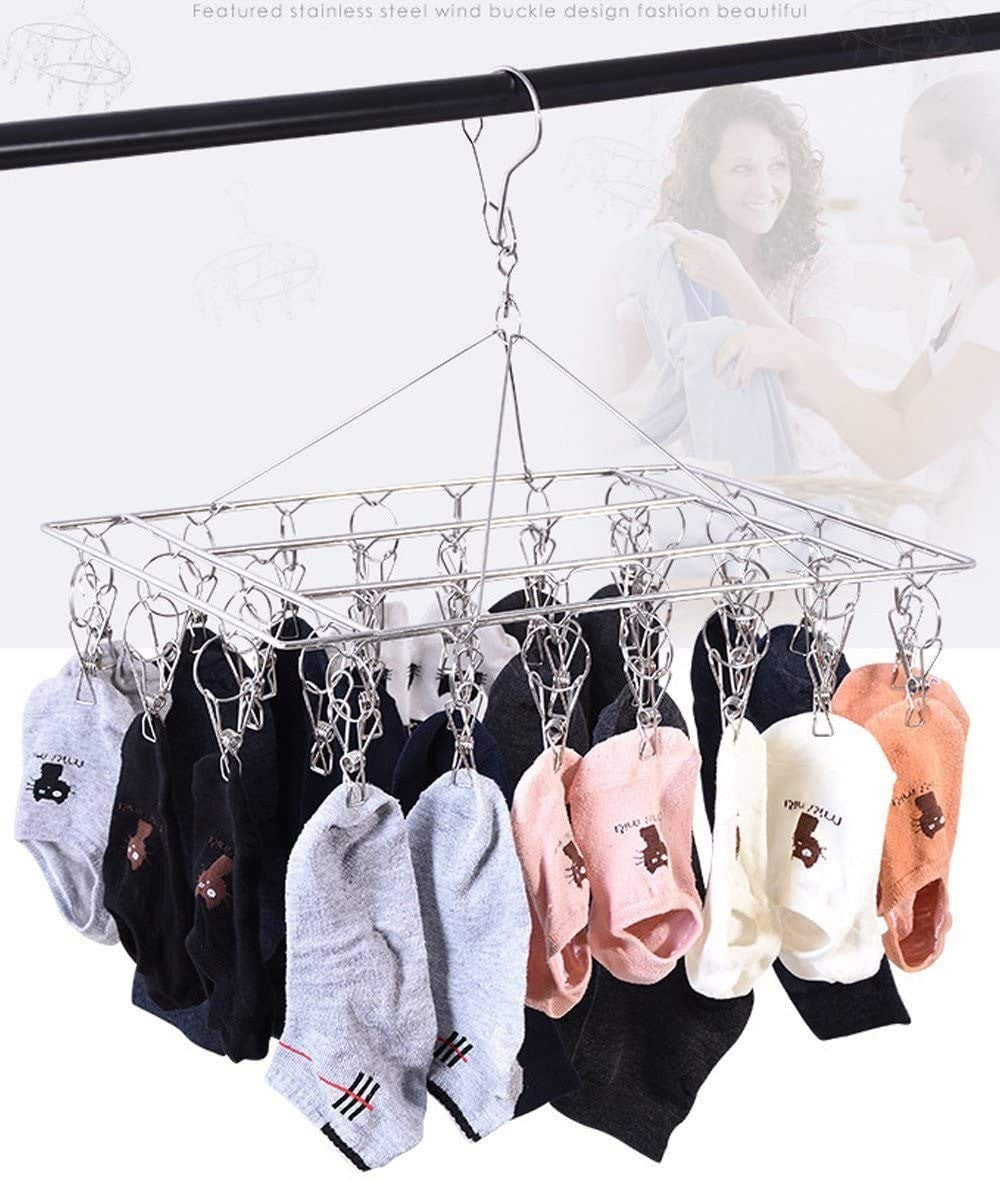 Stainless Steel Sock Drying Rack with 36 Clips, Swivel Hook Wind-Proof - Hanger
