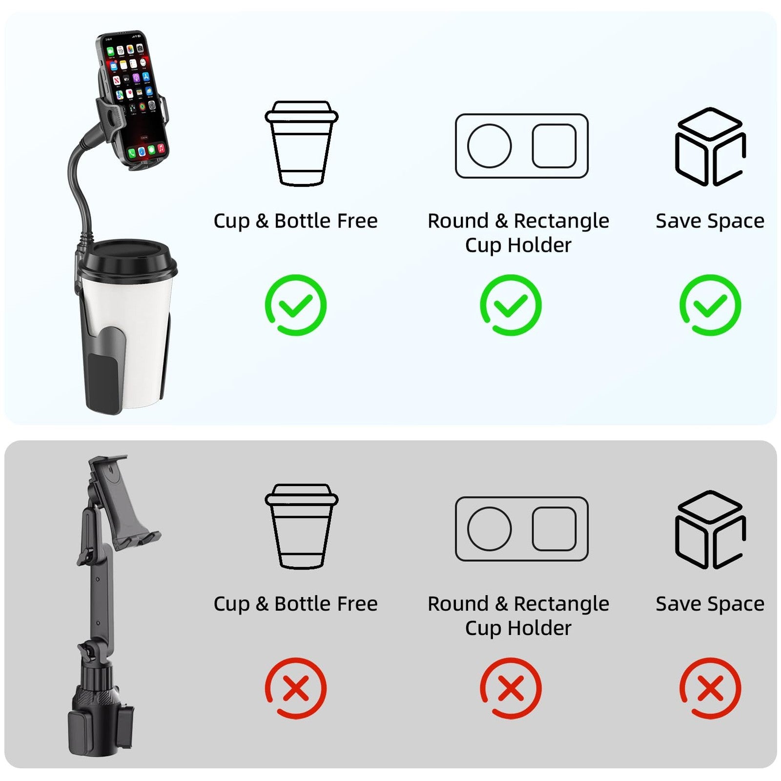 Cup Holder Phone Mount 8in Gooseneck Fits 2.5-4.5in Cup Holders 4-7in Phones