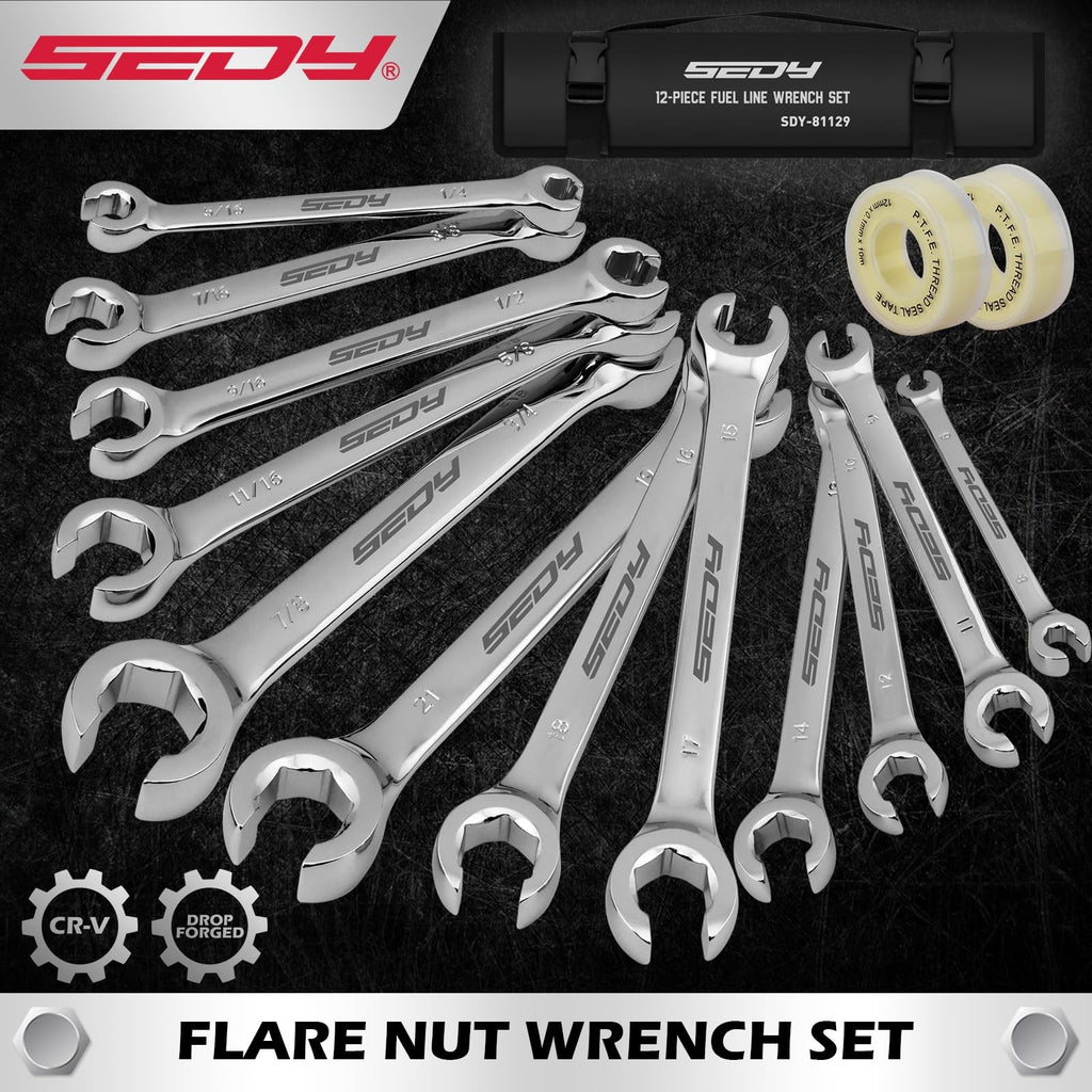 SEDY 14-Pc Flare Nut Wrench - SAE & Metric 1/4"-7/8" 9-21mm w/ PTFE Tape & Pouch