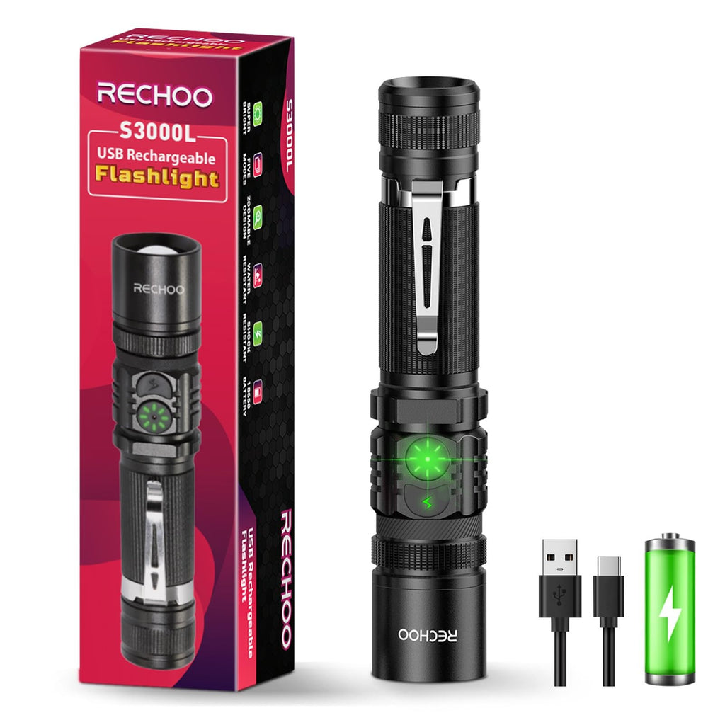 RECHOO Rechargeable LED Flashlight 1000 Lumens 5 Modes Zoom Camping Light
