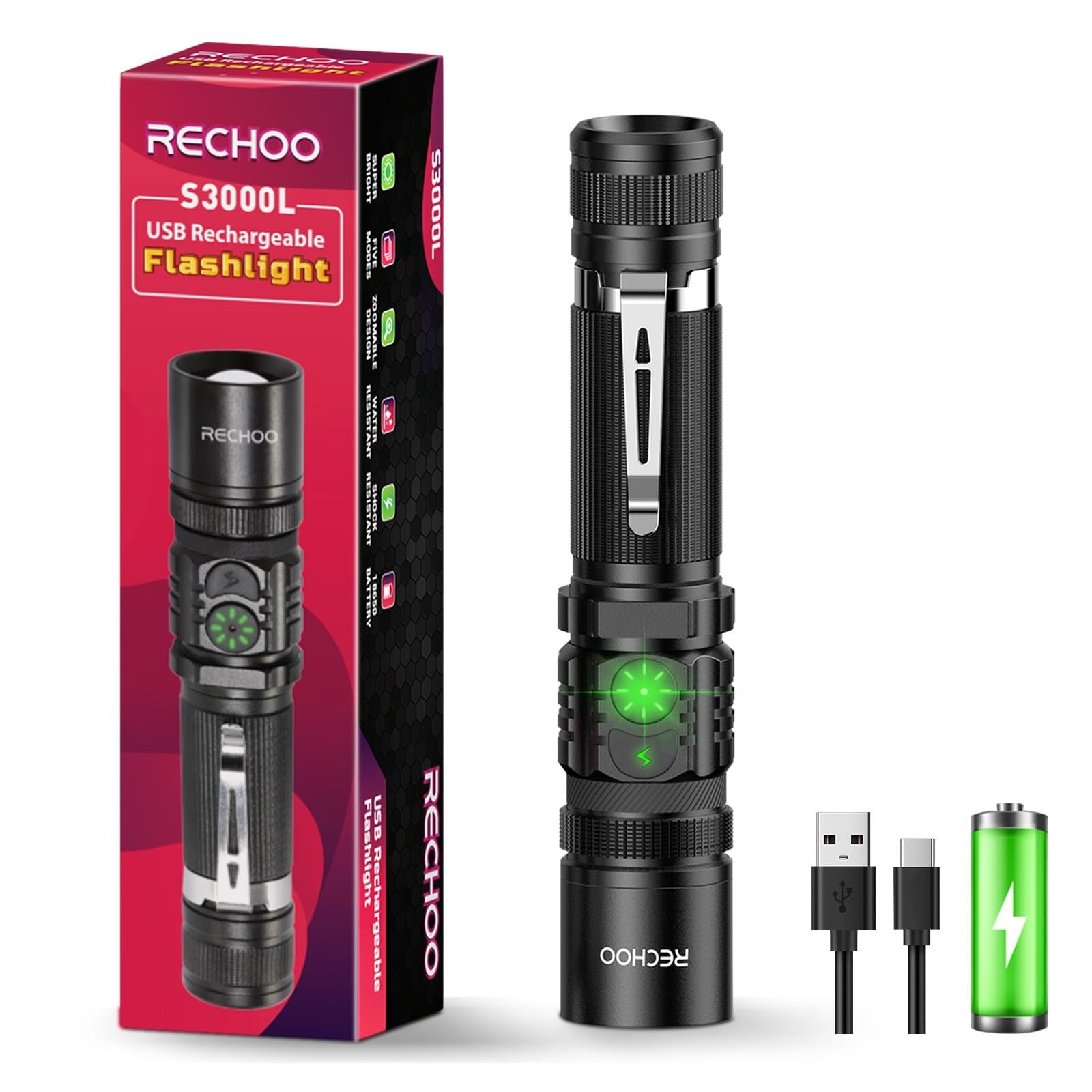 RECHOO Rechargeable LED Flashlight 1000 Lumens 5 Modes Zoom Camping Light