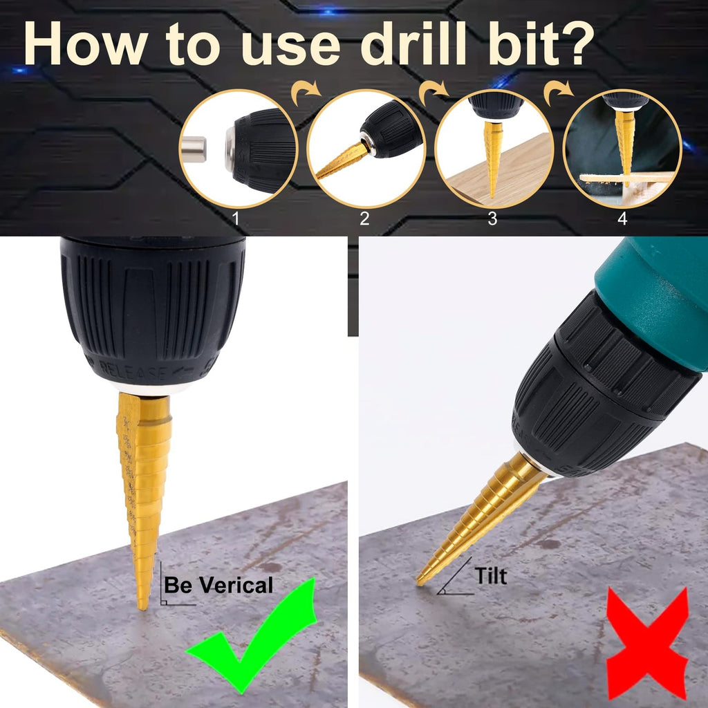 Step Drill Bit Set for Metal- 5PCS Titanium 4241 HSS Step Bit with Two Straight