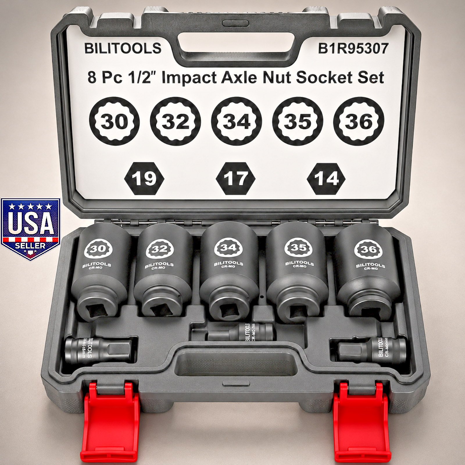 BILITOOLS Axle Nut Socket Set 1/2 Drive 12-Point Deep Impact Sockets 14-36mm 8Pc