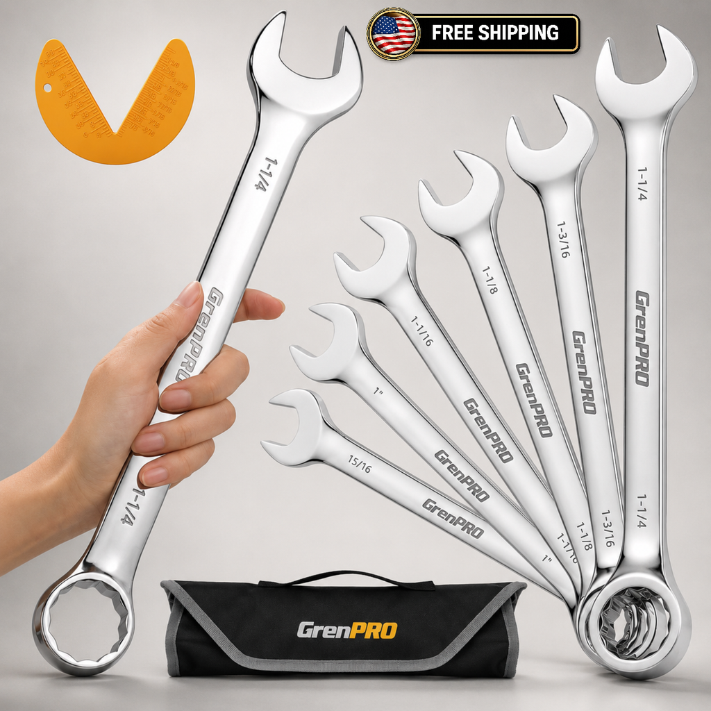 7 Pc SAE Combination Wrench Set 15/16-1-1/4 in Long CV Steel w/Pouch & Gauge
