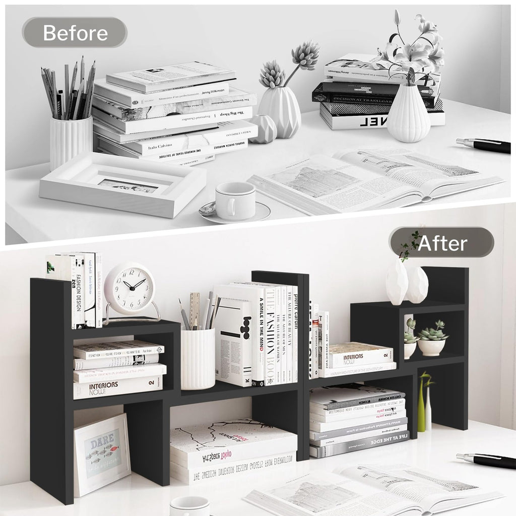 Adjustable Desktop Bookshelf Organizer MDF Desk Storage Shelf Black 24-60in