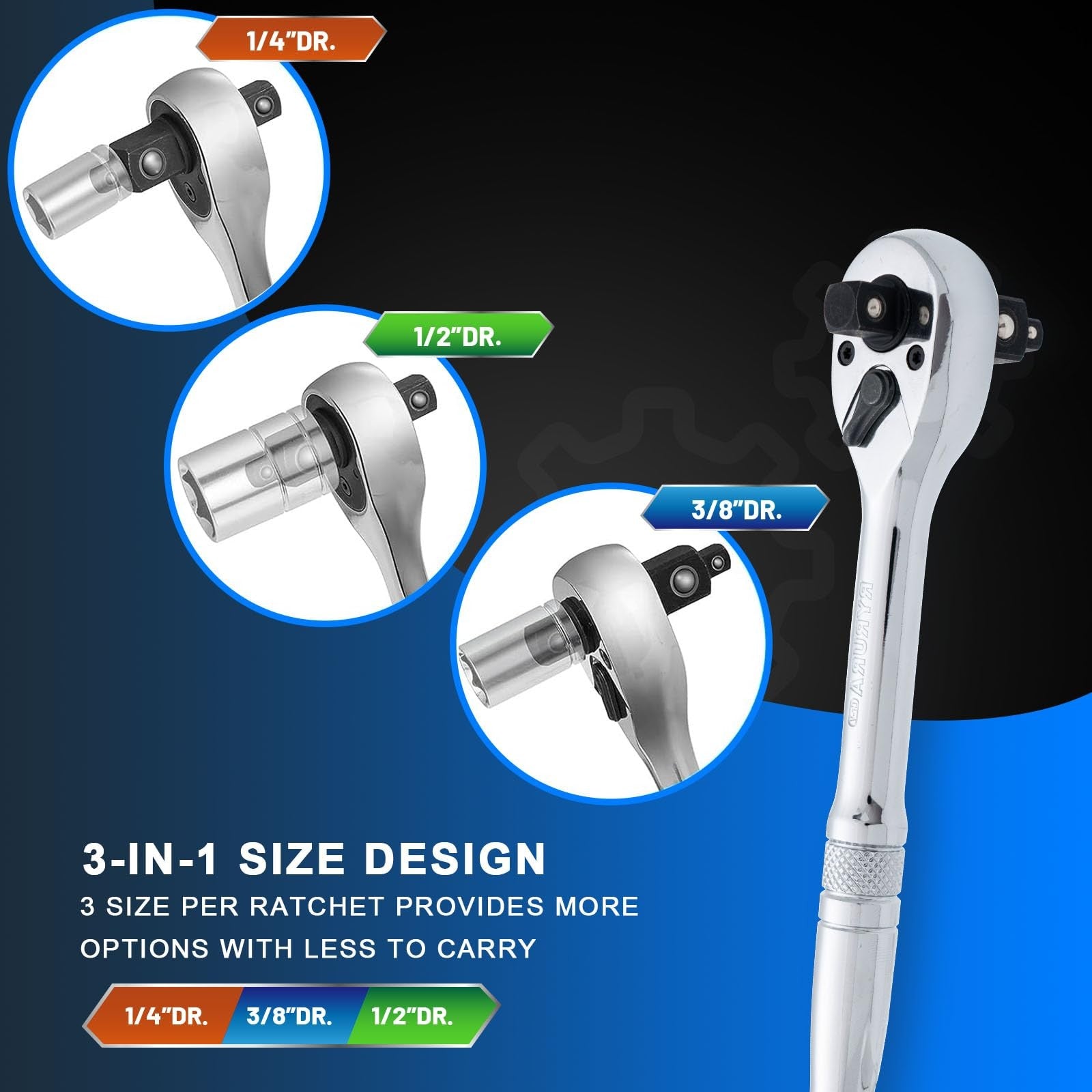 Ryrura 3-IN-1 Ratchet Handle,1/4",3/8",1/2 '' Drive- Wrench 72-Tooth Reversible