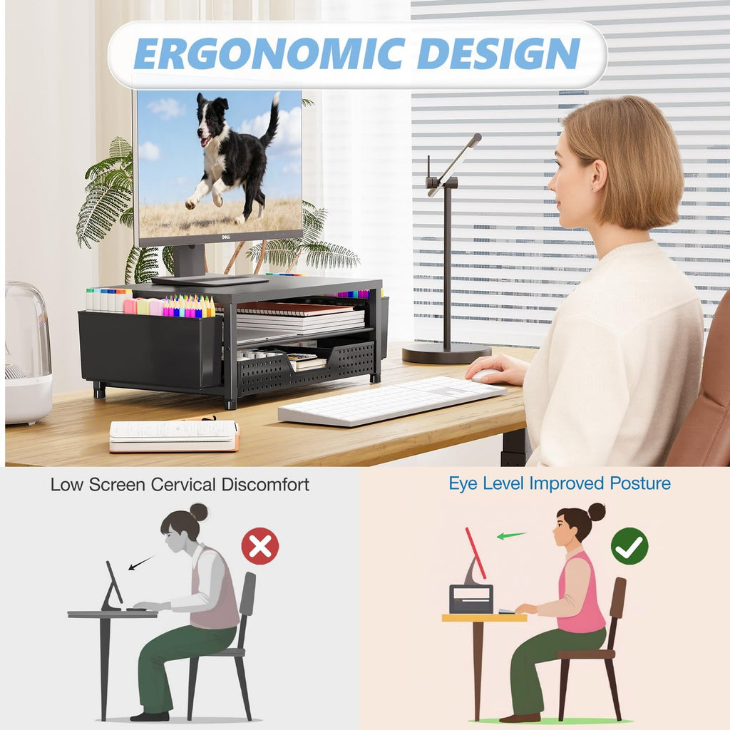 Monitor Stand Riser Desk Organizer Drawer Storage Workspace Home Office