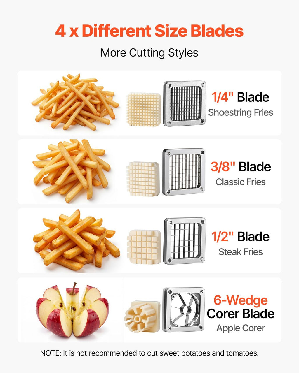 VEVOR French Fry Cutter Vegetable Chopper 4 Blades 1/4 3/8 1/2 Apple Corer