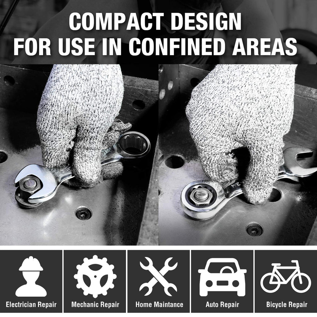 DURATECH 8-Pc SAE Stubby Ratcheting Wrench Set 5/16"-3/4" CR-V w/ Roll Pouch