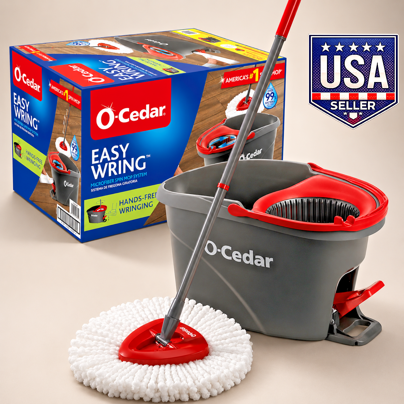 O-Cedar EasyWring Microfiber Spin Mop, Bucket Floor Cleaning System, Red, Gray,