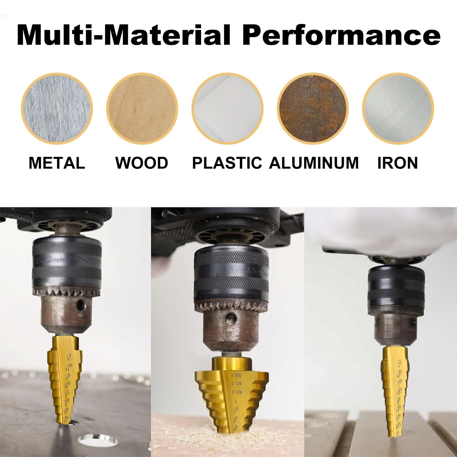 Step Drill Bit Set for Metal- 5PCS Titanium 4241 HSS Step Bit with Two Straight