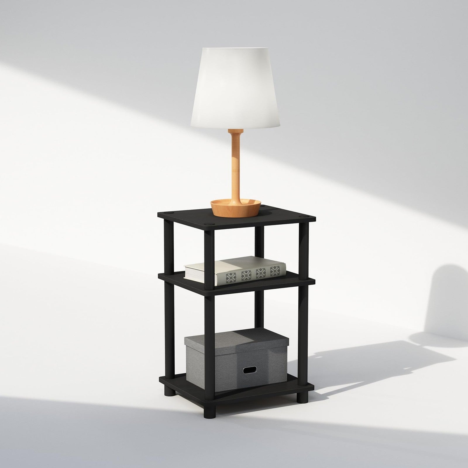 Furinno 3-Tier Nightstand Open Storage End Table Americano Black Plastic Poles