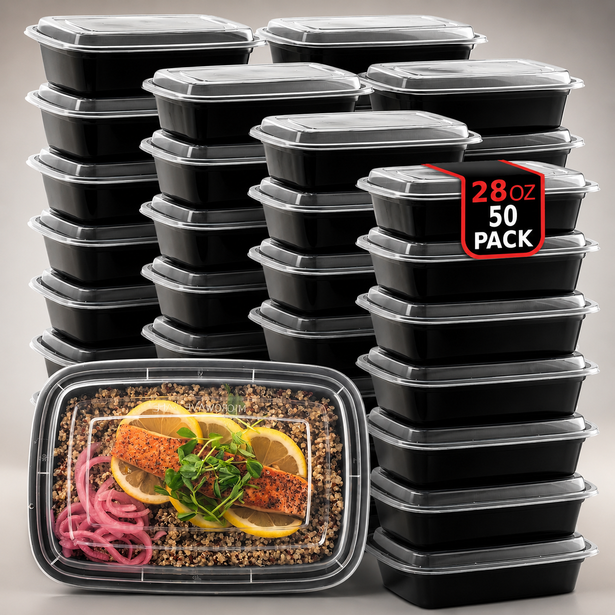 50-Pack 28oz Meal Prep Containers w/Lids 1 Compartment Microwave Safe