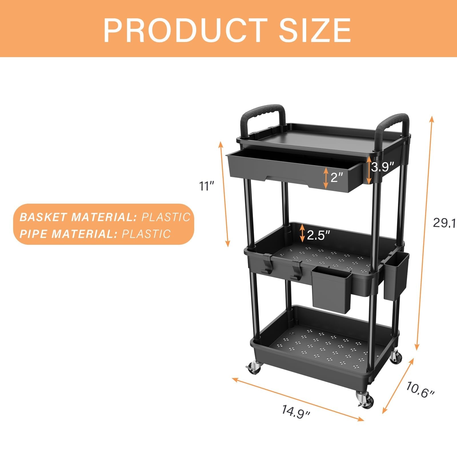 3 Tier Rolling Utility Cart with Drawer, Utility Cart Made for Multifunctional