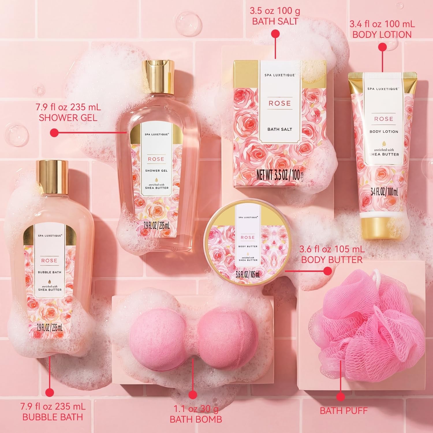Rose Spa Gift Set for Women Bath Basket Self Care Kit Relaxation Home Spa