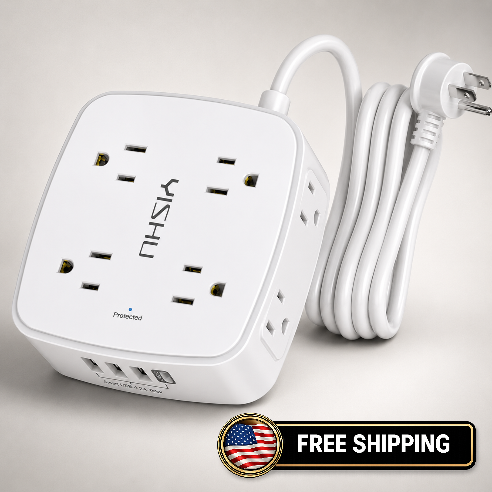 6 Ft Surge Protector Power Strip - 8 Widely Outlets with 4 USB Ports, 3 Side Out
